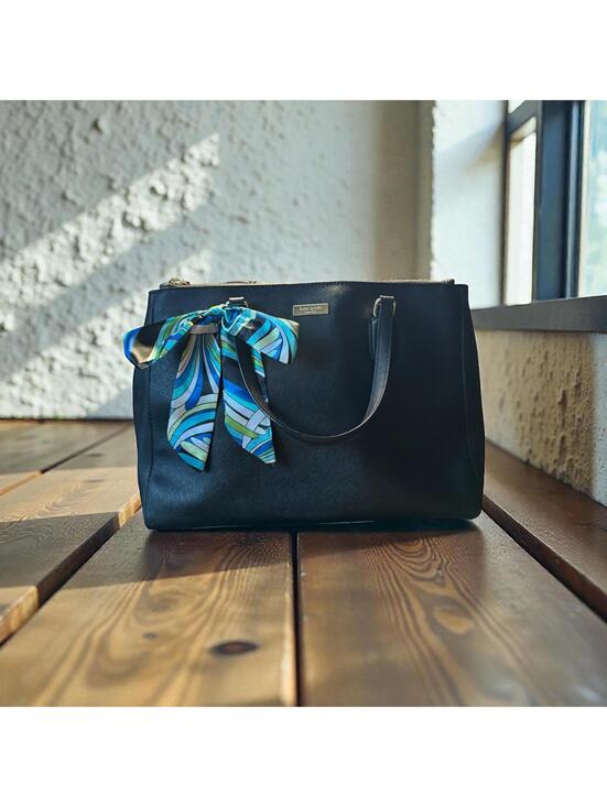 kate spade Handbags - Kate Spade Black Leather Tote Bag with Blue Accent Scarf